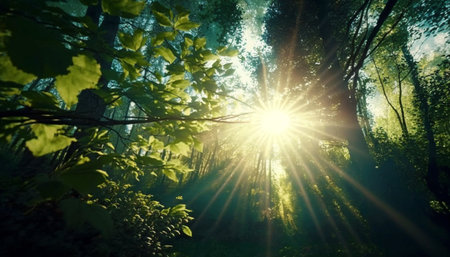 Magical sunshine on green treetops in the forest. A illustration created with generative AI Technology.の素材