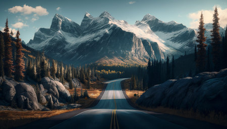 Road in north mountains. A illustration created with generative AI Technology.の素材