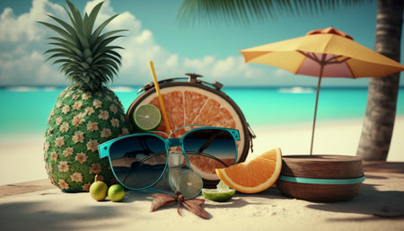 Tropical beach with sunbathing accessories, summer holiday background. A illustration created with generative AI Technology.の素材