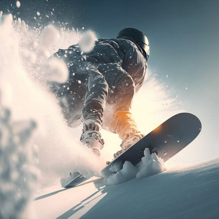 Snowboarding on the slope, close up low angle view. A illustration created with generative AI Technology.の素材