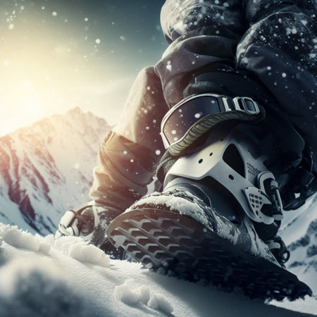 Snowboarding on the slope, close up low angle view. A illustration created with generative AI Technology.の素材