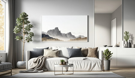 Canvas mockup in modern interior, blank white frame on the wall of living room. A illustration created with generative AI Technology.の素材