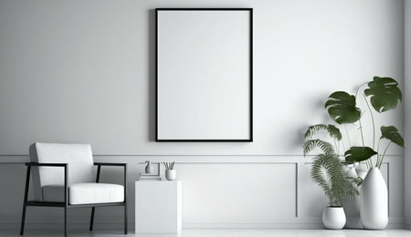 Canvas mockup in modern interior, blank white frame on the wall of living room. A illustration created with generative AI Technology.の素材