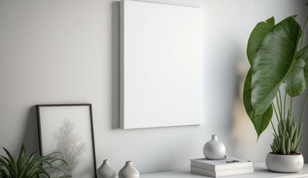 Canvas mockup in modern interior, blank white frame on the wall of living room. A illustration created with generative AI Technology.の素材
