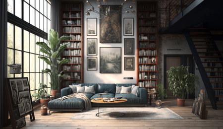 Living room with bookshelf and art gallery frame. A illustration created with generative AI Technology.の素材