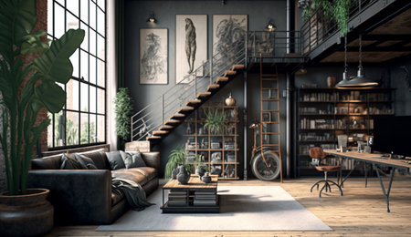 Living room with bookshelf and art gallery frame. A illustration created with generative AI Technology.の素材