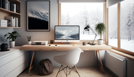 Minimalist workspace interior design with white and wood style. A illustration created with generative AI Technology.の素材