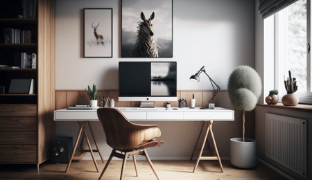 Minimalist workspace interior design with white and wood style. A illustration created with generative AI Technology.の素材