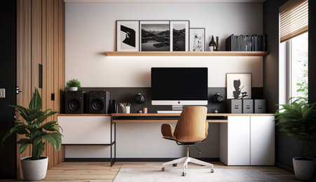 Minimalist workspace interior design with white and wood style. A illustration created with generative AI Technology.の素材