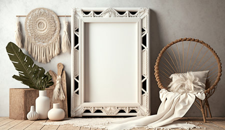 Mockup blank white frame in nomadic boho interior background. A illustration created with generative AI Technology.の素材