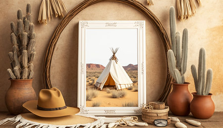 Mockup blank white frame in nomadic boho interior background. A illustration created with generative AI Technology.の素材