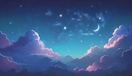 Starry sky above the clouds Cute sky background. A illustration created with generative AI Technology.の素材