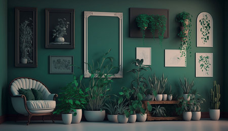 Potted plants decorate living room with green color walls with art gallery frame. A illustration created with generative AI Technology.の素材