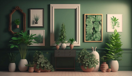 Potted plants decorate living room with green color walls with art gallery frame. A illustration created with generative AI Technology.の素材