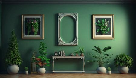 Potted plants decorate living room with green color walls with art gallery frame. A illustration created with generative AI Technology.の素材