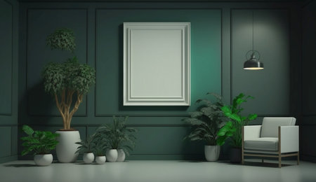 Potted plants decorate living room with green color walls with art gallery frame. A illustration created with generative AI Technology.の素材