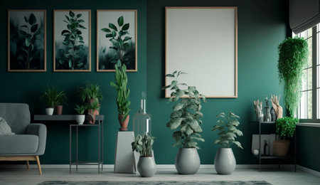 Potted plants decorate living room with green color walls with art gallery frame. A illustration created with generative AI Technology.の素材