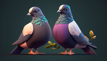 A Cute Pair of lovey Pigeon. A illustration created with generative AI Technology.の素材