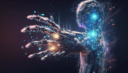 AI machine learning hands of robot and human touching. A illustration created with generative AI Technology.の素材