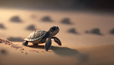 A Tiny Baby Turtle Making its Journey Across the Sand. A illustration created with generative AI Technology.の素材