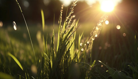Beautiful green grass with drops of dew at sunrise in spring in sunlight. A illustration created with generative AI Technology.の素材