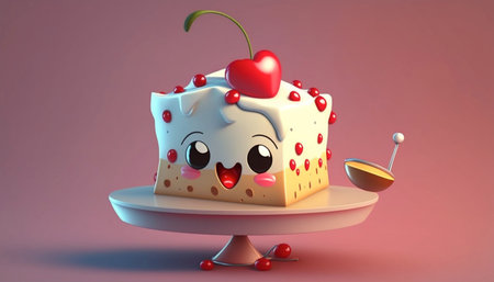 Cute Cartoon Cherry Cheesecake Character. A illustration created with generative AI Technology.の素材