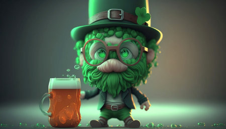 Cute Hipster Leprechaun Cartoon with a Green Beer. A illustration created with generative AI Technology.の素材