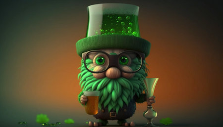 Cute Hipster Leprechaun Cartoon with a Green Beer. A illustration created with generative AI Technology.の素材