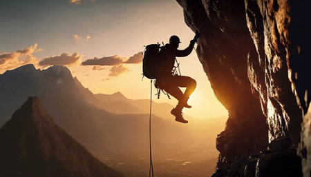 Man climbs up mountain climber on rock wall at sunset. A illustration created with generative AI Technology.の素材