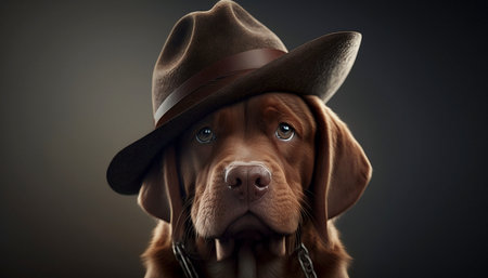 Funny dog wearing hat. A illustration created with generative AI Technology.の素材