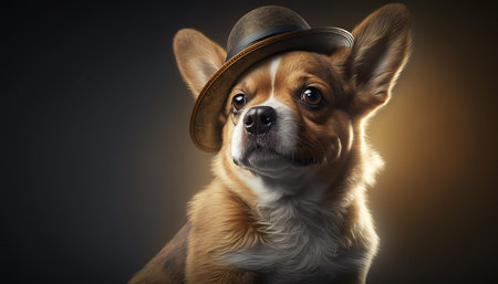 Funny dog wearing hat. A illustration created with generative AI Technology.の素材