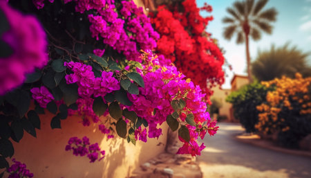 Colorful bougainvillea flowers in garden. A illustration created with generative AI Technology.の素材