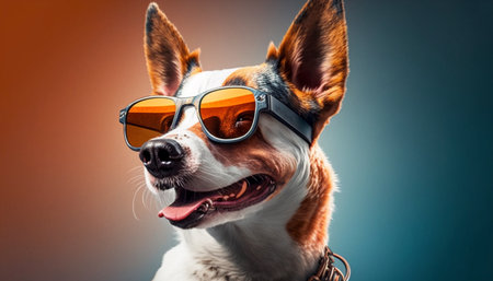 Funny dog wearing sunglasses. A illustration created with generative AI Technology.の素材