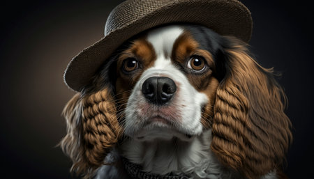 Funny dog wearing hat. A illustration created with generative AI Technology.の素材