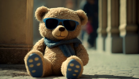 Funny teddy bear wearing sunglasses. A illustration created with generative AI Technology.の素材