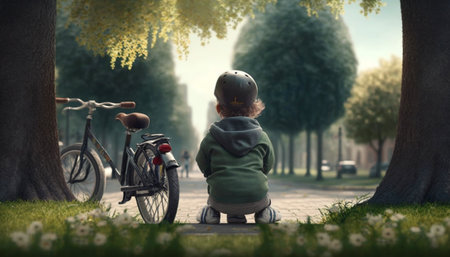 Little boy enjoy his day in the park with bicycle. A illustration created with generative AI Technology.の素材