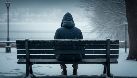 Lonely Person Sitting Alone on a Bench. A illustration created with generative AI Technology.の素材