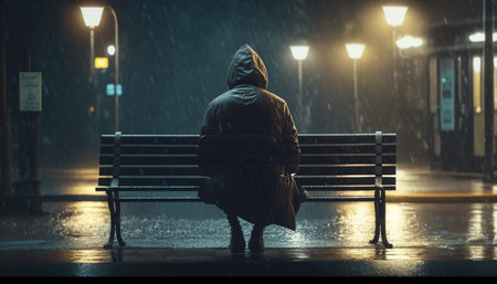 Lonely Person Sitting Alone on a Bench. A illustration created with generative AI Technology.の素材