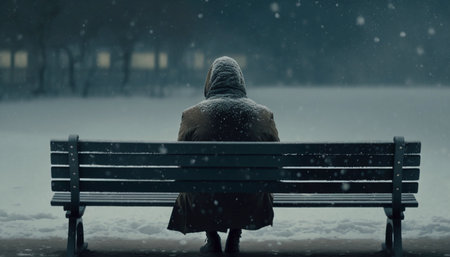 Lonely Person Sitting Alone on a Bench. A illustration created with generative AI Technology.の素材