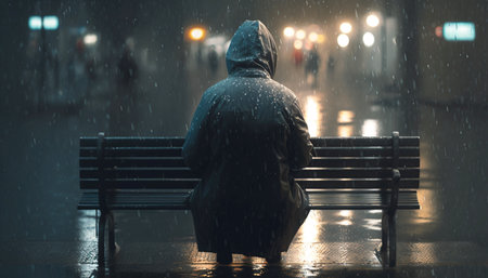 Lonely Person Sitting Alone on a Bench. A illustration created with generative AI Technology.の素材