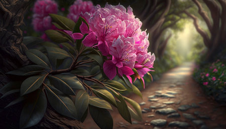 Rhododendron blooming. A illustration created with generative AI Technology.の素材