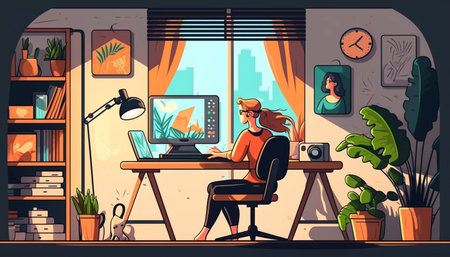 A freelancer works behind a laptop. Home office workplace. A illustration created with generative AI Technology.の素材