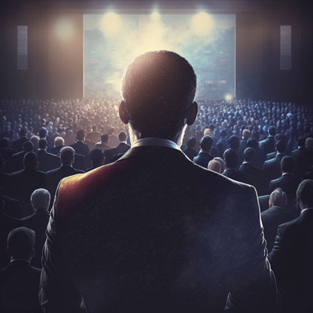 Speaker at Business Conference and Presentation, back view. A illustration created with generative AI Technology.の素材