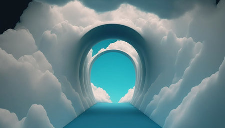 Abstract minimal blue background with white clouds flying. A illustration created with generative AI Technology.の素材