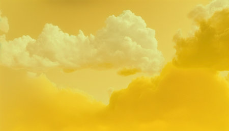 Abstract minimal yellow background with white clouds flying. A illustration created with generative AI Technology.の素材