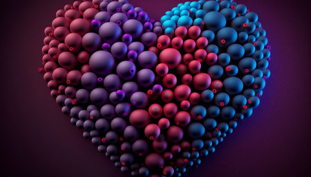 Multicolored Sphere Love Heart. Pink, Red Glass and Red Metallic Spheres arranged in a heart shape. A illustration created with generative AI Technology.の素材