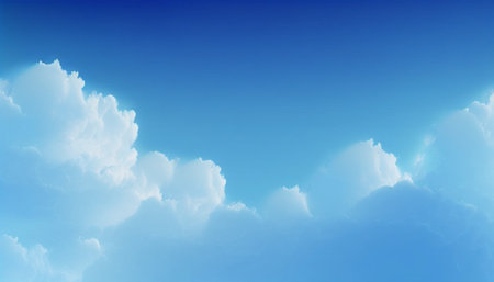 Abstract minimal blue background with white clouds flying. A illustration created with generative AI Technology.の素材