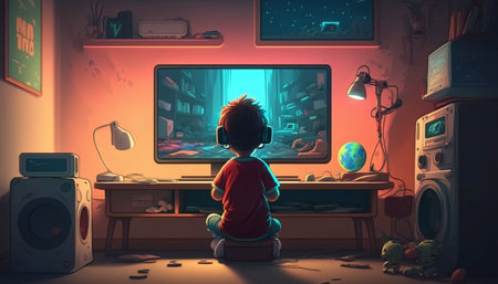Cartoon style illustration of Kid playing video games in room. A illustration created with generative AI Technology.の素材