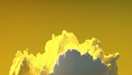 Abstract minimal yellow background with white clouds flying. A illustration created with generative AI Technology.の素材