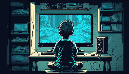 Cartoon style illustration of Kid playing video games in room. A illustration created with generative AI Technology.の素材